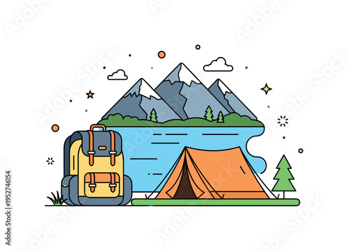 Scenic hiking campsite by mountain lake shown as a backpack placed beside a pitched tent with mountains and reflective lake behind, symbolizing exploration and