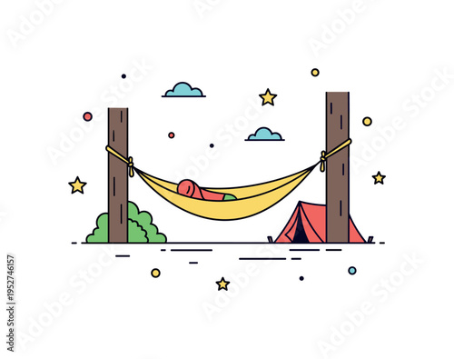 Camping hammock setup scene shown by a lightweight hammock stretched between trees with a tiny tent silhouette nearby, symbolizing adventure and simple living.