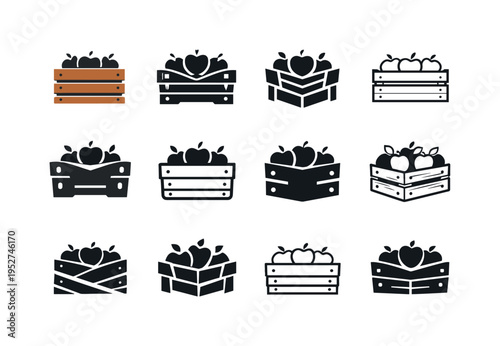 apple crate. Icon set. Set Logo of apple crate: rustic farm box. harmonious logo variations of the same emblematic concept, each with different artistic