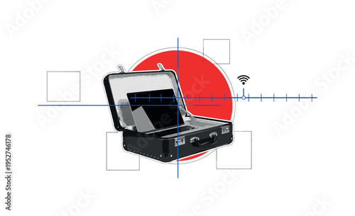 Black and white vintage suitcase opened with a laptop emerging from it, bold red circle intersecting the suitcase, thin blue horizontal timeline lines crossing