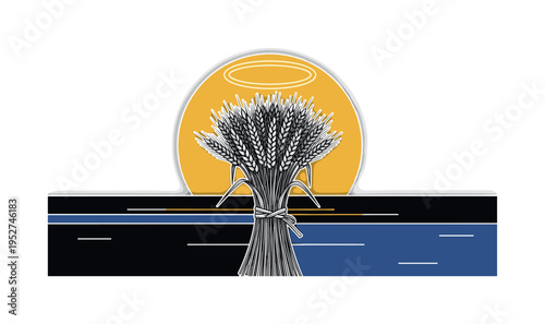 A monochrome bundle of harvested wheat tied together, bold circular halo behind symbolizing harvest season, flat geometric blocks grounding the composition,