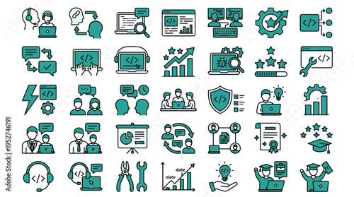 STEM Icon Set in Linear Style. A collection of science and technology linear icons, including microscope, atom, robot, solar, wind, coding, math, engineering, and more. Editable stroke.