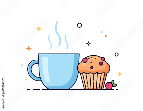 Home breakfast scene ceramic mug with gentle steam swirls placed beside a homemade muffin with visible berry pieces, expressing comfort and relaxed start to