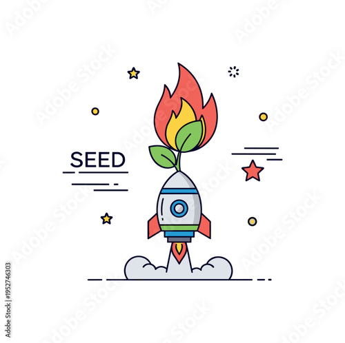 Seed startup launch concept portrayed by a seed placed on a minimal rocket base with a small sprout forming the flame shape, suggesting business growth and