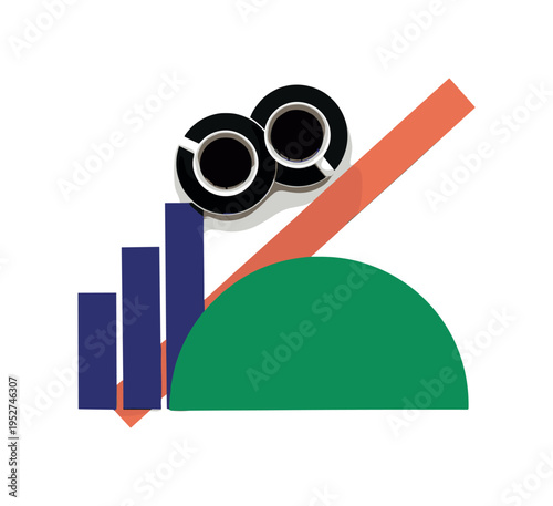 Black and white top-view of two coffee cups clinking together, oversized emerald green semicircle anchoring composition, deep indigo geometric rectangles