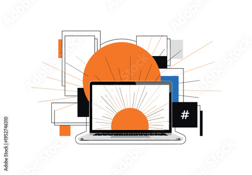 Black and white laptop with screen displaying abstract protest symbol, large orange circle behind like a rising sun, thin radiating lines suggesting viral