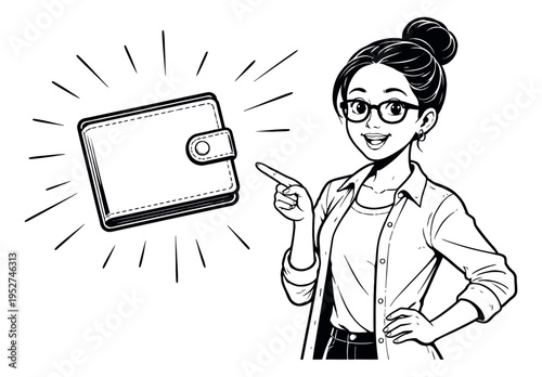 Line art illustration of a woman depicting presenting a wallet for financial concepts