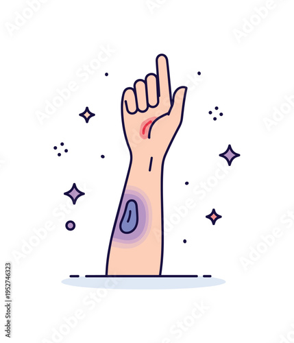 Bruised skin injury concept featuring a simplified arm with a soft purple and blue patch highlighted on the forearm, expressing mild trauma and everyday