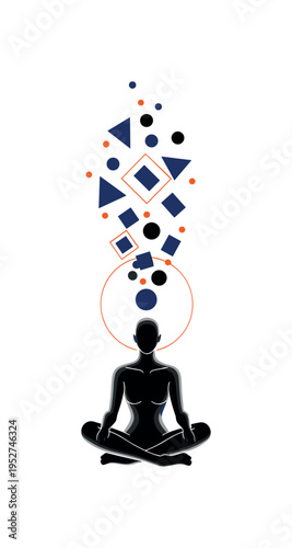 A monochrome figure seated cross-legged, surrounded by floating geometric shapes gradually aligning into a perfect circle above the head, thin horizontal lines