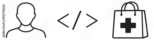 Line art icons set featuring a user profile, code symbols, and a pharmacy shopping bag for web development and digital health services