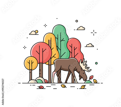 Moose grazing near a cluster of autumn-colored trees with scattered leaves on the ground, highlighting calmness, nature, and forest life. Minimalist flat