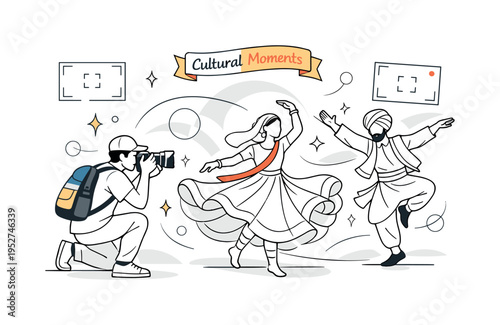 Documenting traditions. A photographer capturing a dance performance from another culture, flowing clothing and rhythmic movement frozen in the frame. Floating