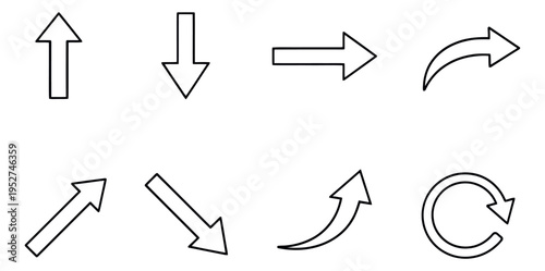 Line art arrows icon set featuring eight outline directional symbols including a refresh sign for user interface and web design