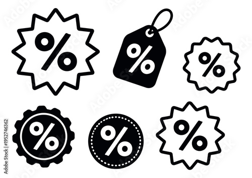 Graphic percentage icon set featuring different designs for sales and promotions