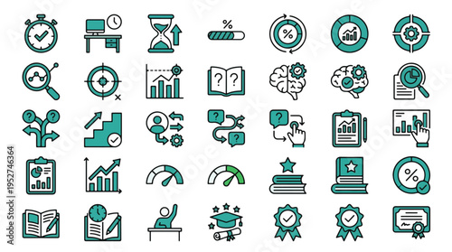 Education and Productivity Icon Set in Linear Style. A collection of learning linear icons, including research, notes, planning, time, success, growth, goals, organizing