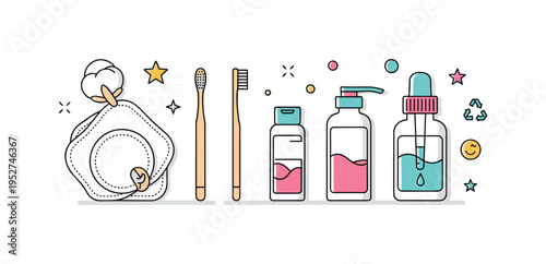 Sustainable beauty swaps showing reusable cotton pads, bamboo toothbrushes, and refillable cosmetic bottles arranged neatly, conveying eco-friendly personal