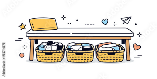 Home tidying. Several woven baskets filled with small clothing items arranged under a bench. Cozy, organized atmosphere with abstract accents floating around.