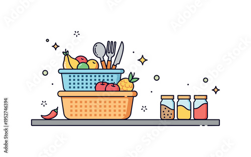 Countertop decluttering concept built around stacked baskets holding fruits, utensils, and spice jars, with subtle sparkle accents suggesting cleanliness and