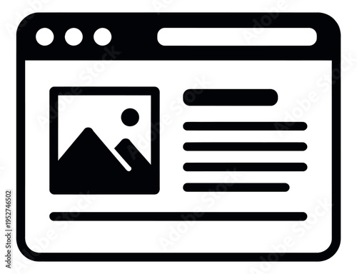 Line art illustration of a browser window depicting an image placeholder and text content for website interface design