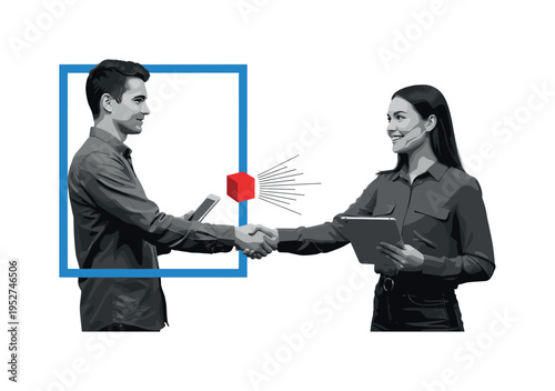 Black and white young entrepreneur holding tablet in one hand while shaking investor?s hand with the other, bright blue geometric square framing upper body