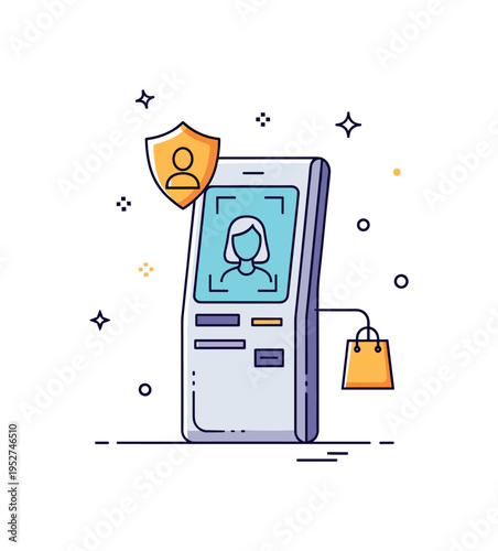 Digital identity verification kiosks in shopping centers shown as a standalone terminal with a face scan outline and a tiny shopping bag icon nearby,