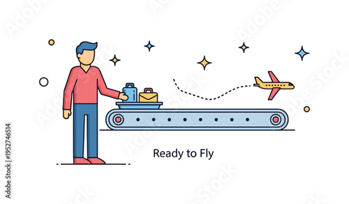 Airport security check guidance showing a traveler calmly placing items into a tray before screening. Clean conveyor belt line, small airplane icon and short