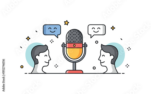 Comedy interview podcast format illustrated by a central microphone with two minimal profile silhouettes facing each other, expressing engaging and humorous