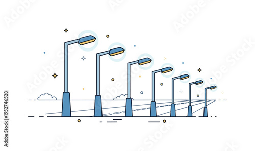 Highway street lighting system featuring a row of simplified lamp posts receding along a straight line with soft light halos, symbolizing large scale