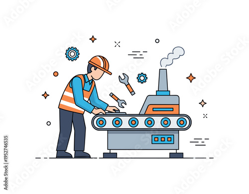 Factory equipment maintenance showing a worker wearing safety gear inspecting a conveyor belt with small tools and gears around, emphasizing care, precision,