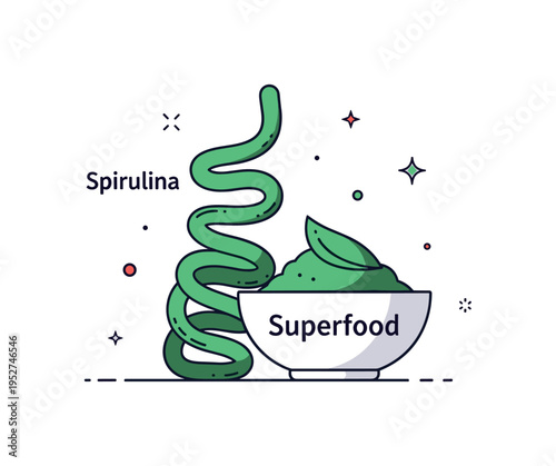 Spirulina superfood smooth spiral algae strand beside a small bowl labeled Superfood, representing nutrition, wellness and plant based supplements. Minimalist