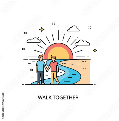 Romantic sunset beach walk illustration featuring two figures holding hands along a curved shoreline beneath a radiant horizon, suggesting shared journey and