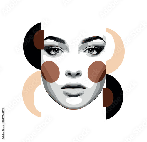 Black and white frontal close-up of a symmetrical face with perfectly even foundation, oversized semicircular shapes framing both cheeks, abstract color blocks