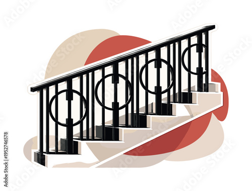 modern stair railing detail with repeating vertical bars, intersecting circles and rectangular blocks creating rhythm, layered collage composition with subtle