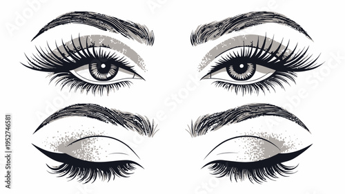Vector illustration of eye makeup elements with eyelashes eyes and eyebrows for cosmetic design