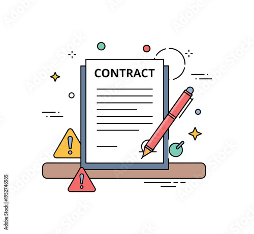A contract on a desk with pen and small abstract warning icons, representing legal liability, obligations, and careful documentation. Minimalist flat vector