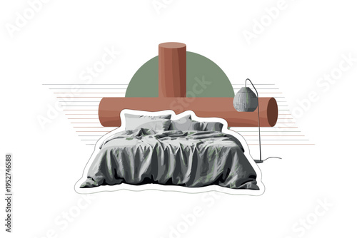 Black and white cozy bedroom with linen bedding and woven lamp, sage green abstract circle behind headboard, terracotta cylinder shape intersecting scene, thin