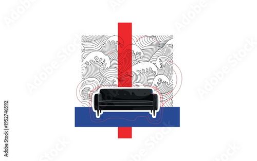 Black and white minimalist sofa against wallpaper with exaggerated organic wave pattern, bold red vertical bar dividing composition like design statement, thin