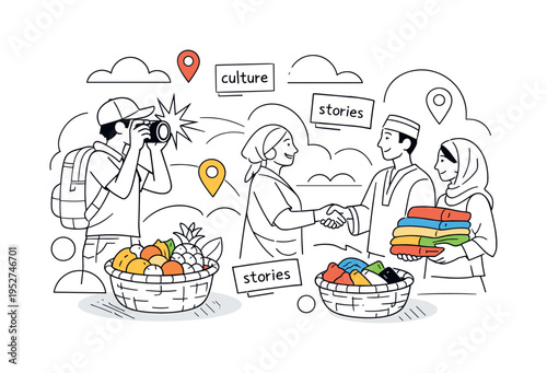 Global travel documentary. A traveler taking photos of a vibrant local market, people exchanging goods and greetings, baskets of fruits and textiles around.