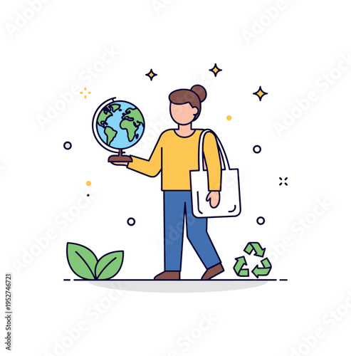 Environmentally responsible lifestyle illustrated by a person holding a small globe and a reusable bag, symbolizing sustainable choices and eco-conscious