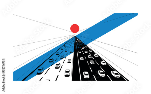 Black and white multi-lane highway stretching toward vanishing point, repeated small cars forming rhythmic pattern, bold red circle hovering above central