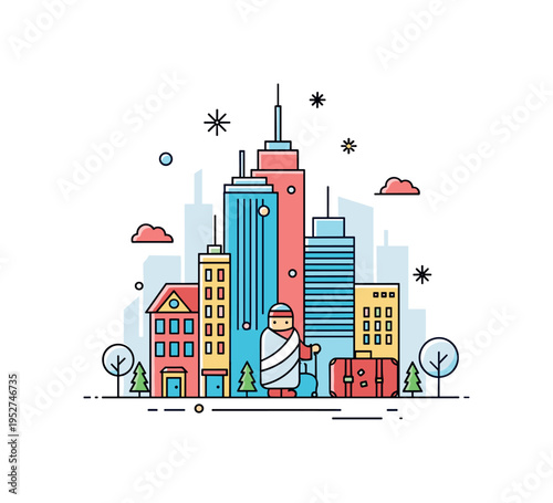 Winter city escape compact skyline with softly falling snow and a small suitcase icon beside a bundled traveler, expressing seasonal exploration and festive