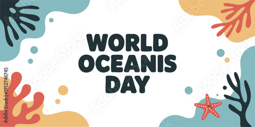 World Ocean Day Blue Abstract Underwater Vector Background with Turtle and Coral