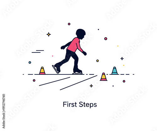 Skating and ice sports beginner training scene with a young skater silhouette practicing balanced stance on simple ice lines, small cone markers placed nearby