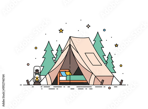 Glamping in national parks illustrated through a stylish canvas tent with a cozy bed visible inside, surrounded by subtle pine trees and a small lantern to