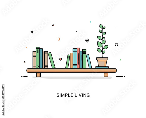 Book shelf with plants minimal Scandinavian decor scene featuring a light wooden shelf with evenly spaced books and a small upright plant in a neutral pot,
