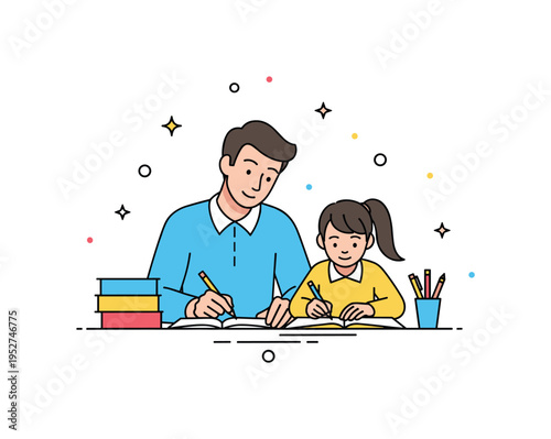 Parent helping child with homework at a small desk symbolizing guidance, responsibility, and supportive involvement in education. Clean geometric layout