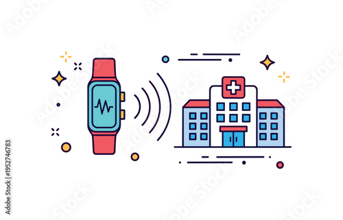 Wearable health device integration featuring a fitness band transmitting data to a simplified hospital building icon via smooth signal waves, expressing