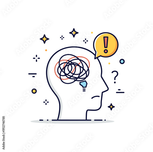 Anxious overthinking scene built around a head silhouette with tangled line loops inside and a small exclamation mark badge, symbolizing stress, confusion, and
