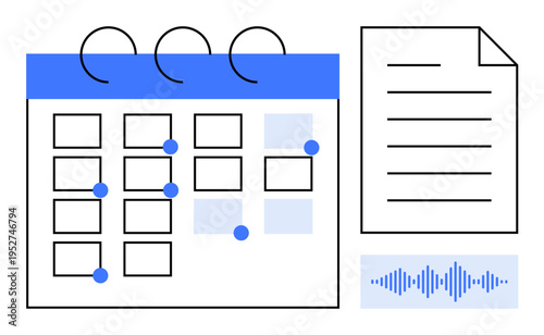 Scheduling concept. Digital calendar with marked events and integration of written notes and audio transcription. Scheduling for time management, productivity, project planning, and appointments