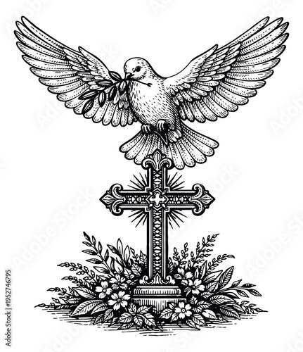 Hand drawn line art illustration of a dove with an olive branch and a floral cross depicting peace and remembrance for religious or memorial occasions